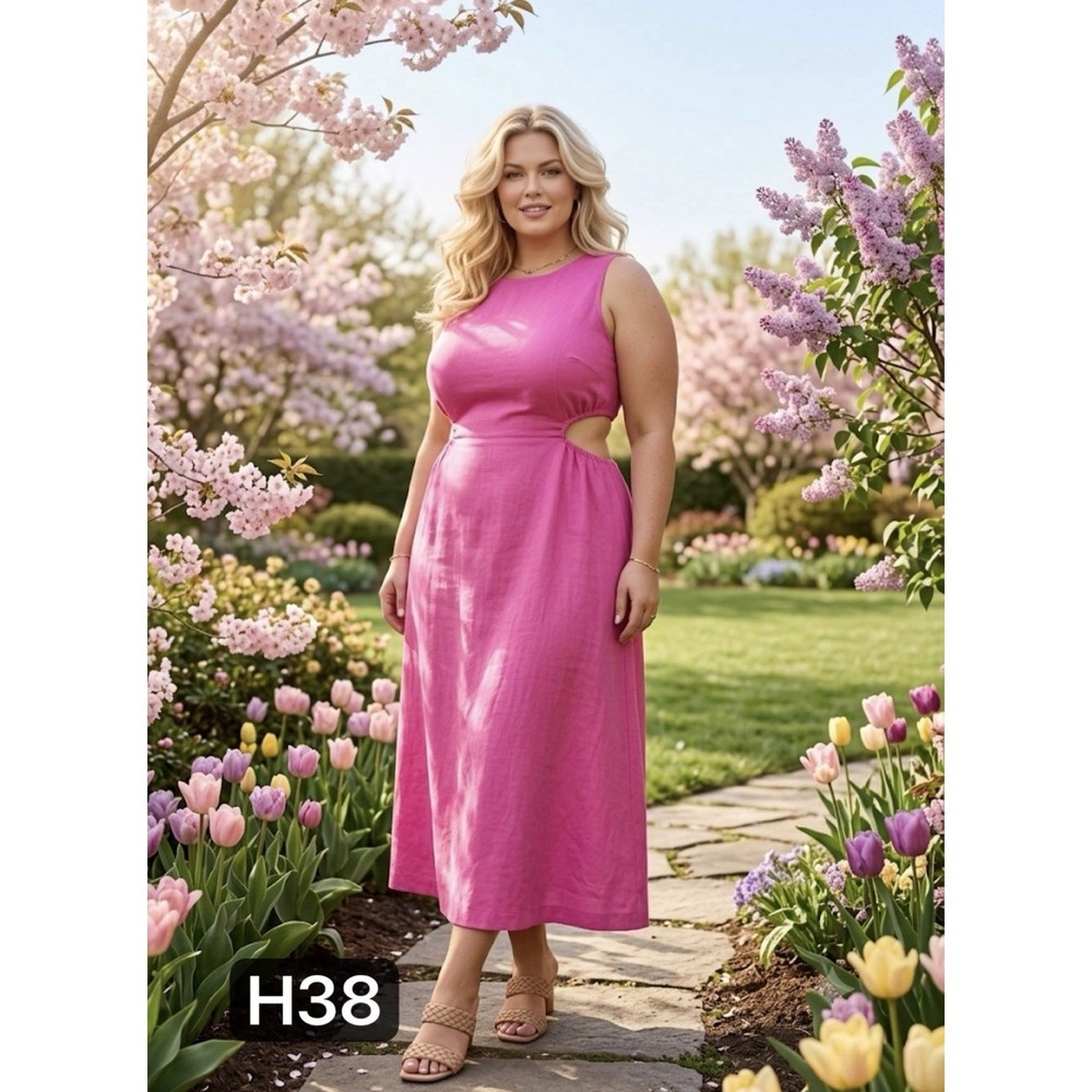 Bright Pink 100% Cotton Side Cutout Midi Dress Fuchsia Summer Day Dress Sz M